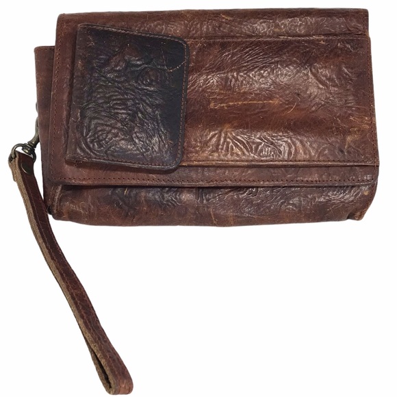 Vintage Handbags - VTG Brown Leather Belt Fanny Pack Clutch Wristlet